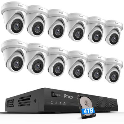 PANOOB 16 Channel Security Camera System, 12x 5MP Wired IP Turret Dome PoE Camera Outdoor, AI Human Detection, Built-in Mic, Remote Access, 4K 16 Channel NVR 4TB HDD for 24-7 Recording, PD93A1216-5M