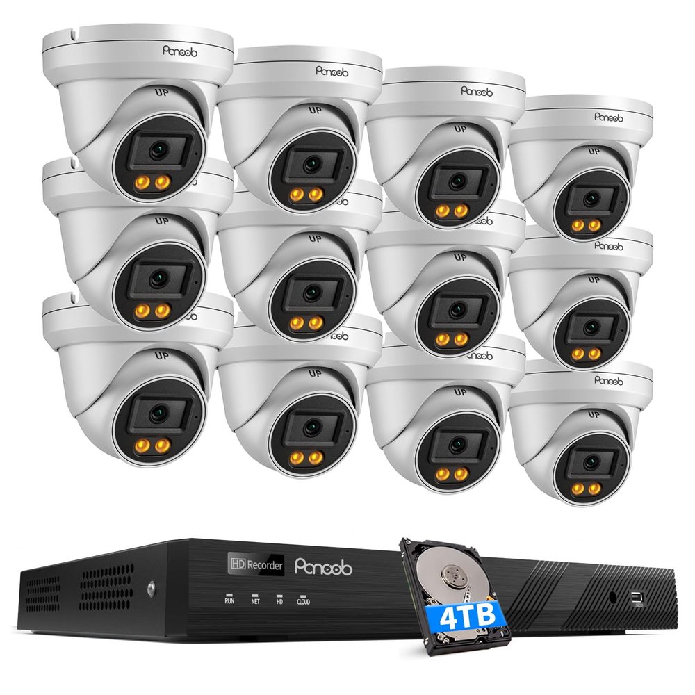 PANOOB 16 Channel Security Camera System 4K, 12x 8MP Wired IP Dome PoE Camera, Spotlight Color Night Vision, Human Vehicle Detection, Built-in Mic, Remote Access, 4K 16CH NVR 4TB HDD, PD93BA1216-8MD