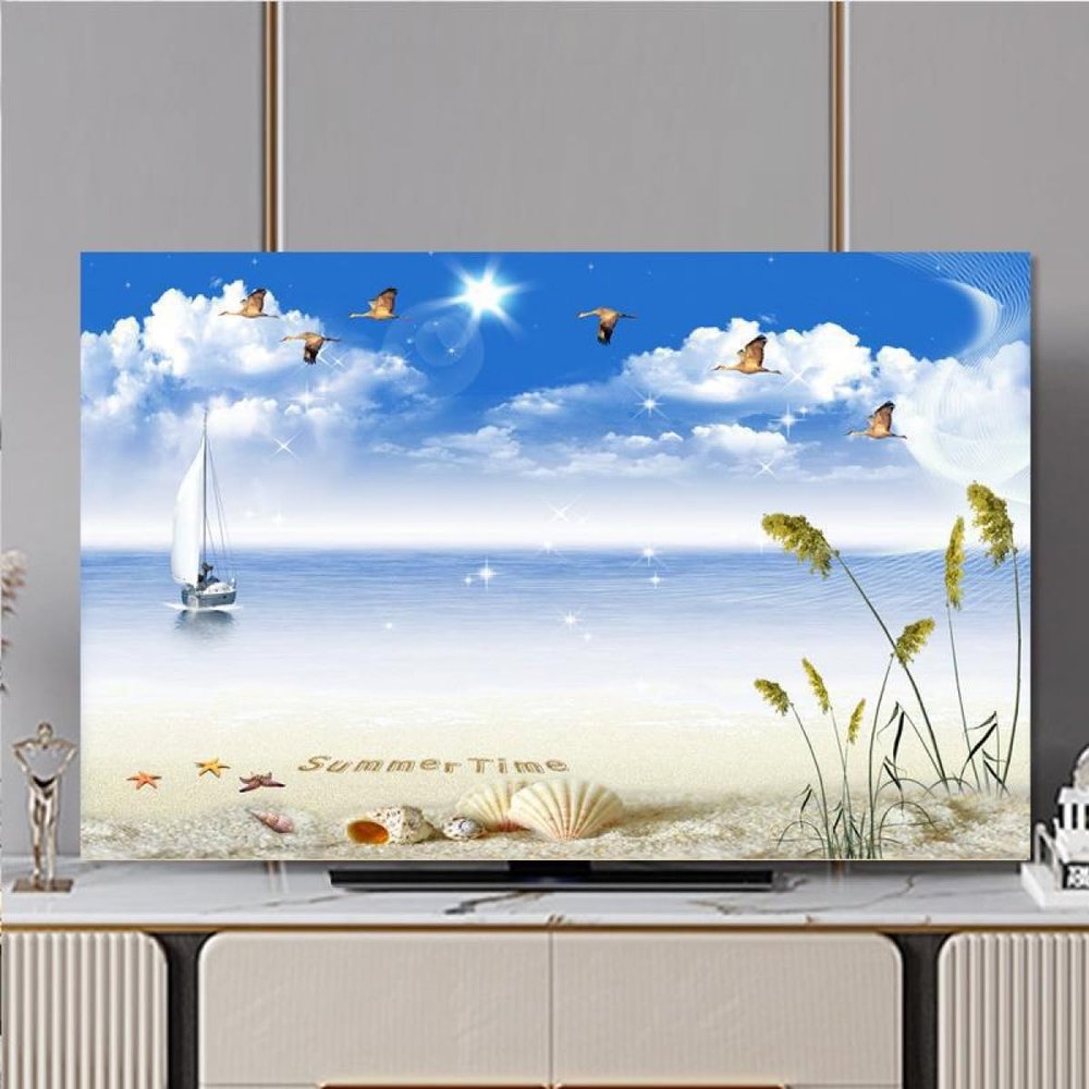 TV Cover Indoor TV Dust Cover Seaside Scenery Printing TV Dust Cover TV/Computer Dustproof Sunproof Display Protect Fabric Home Textile Protective Cover Hanging Curved Screen Desktop Screen Universal