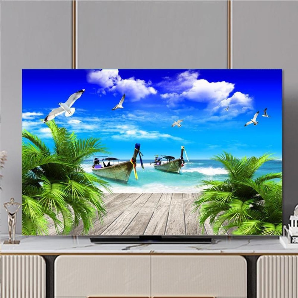 TV Cover Indoor TV Dust Cover Seaside Scenery Printing TV Dust Cover TV/Computer Dustproof Sunproof Display Protect Fabric Home Textile Protective Cover Hanging Curved Screen Desktop Screen Universal