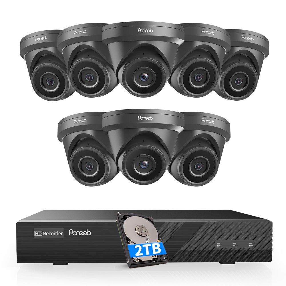 PANOOB 8 Channel Security Camera System PoE, 8X Wired IP Dome Turret PoE Camera for Indoor Outdoor, Remote Playback 24/7 Recording, Human Detection, Built-in Mic, 4K 8CH NVR 2TB HDD, PD93A30808-5M