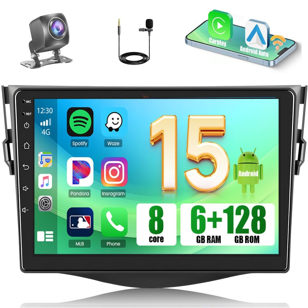 [8-Core 6+128GB] Android 15 Car Stereo for Toyota RAV4 2007-2012, Hikity 9'' Touch Screen Radio Wireless Carplay Android Auto Bluetooth GPS 5G WiFi 32EQ/DSP/FM/RDS MIC Backup Cam Mirror Link 59UI