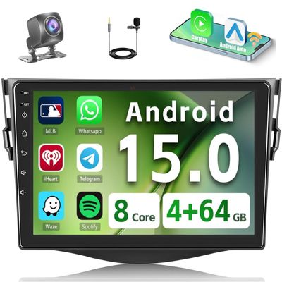 [8-Core 4+64G] for Toyota RAV4 2007-2012 Android 15 Car Stereo, Hikity 9'' Touchscreen RAV4 Radio Wireless Carplay Android Auto Bluetooth/5G WiFi, 32EQ/DSP/FM/RDS, GPS/SWC, 59 UI/1280P Backup Cam+Mic