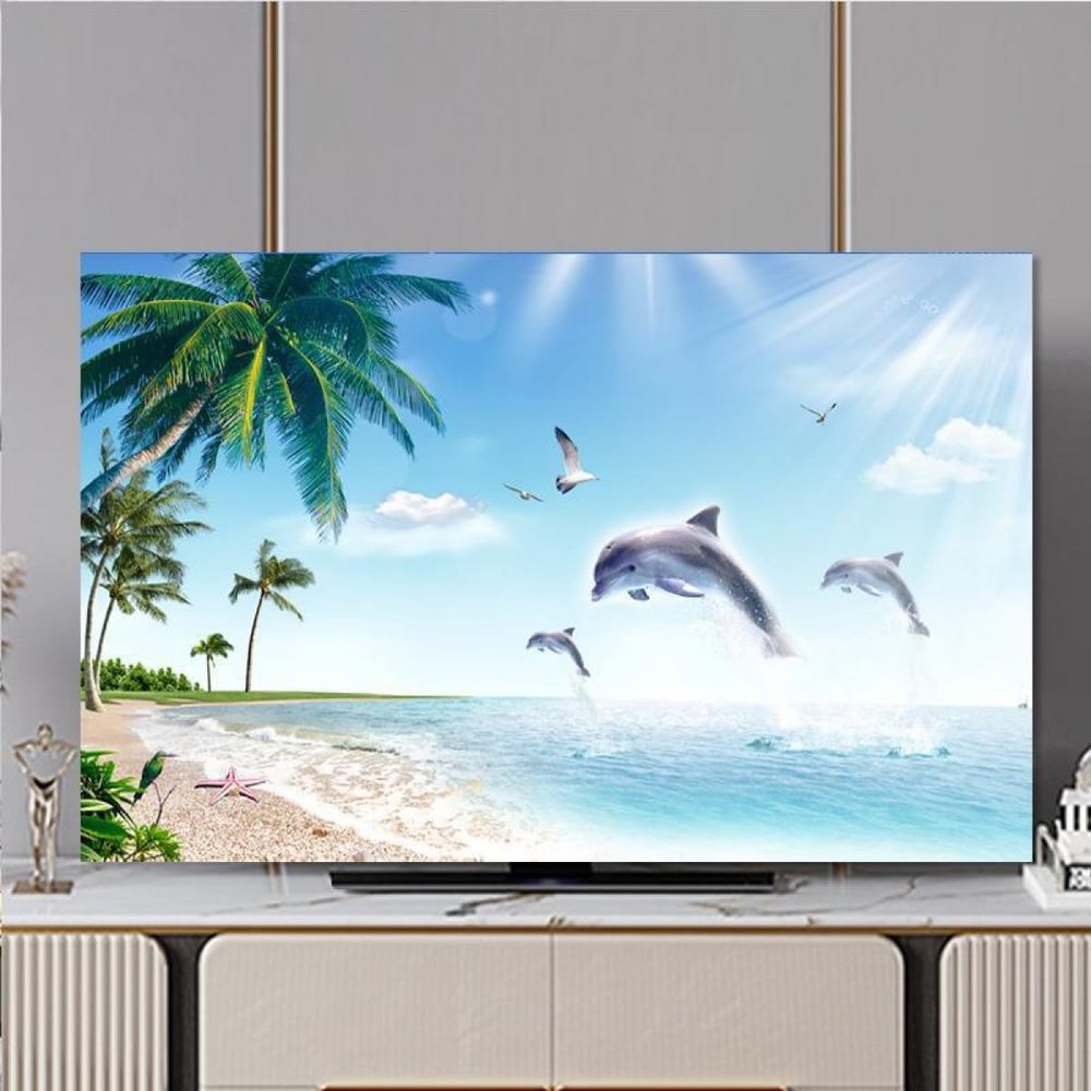 TV Cover Indoor TV Dust Cover Seaside Scenery Printing TV Dust Cover TV/Computer Dustproof Sunproof Display Protect Fabric Home Textile Protective Cover Hanging Curved Screen Desktop Screen Universal