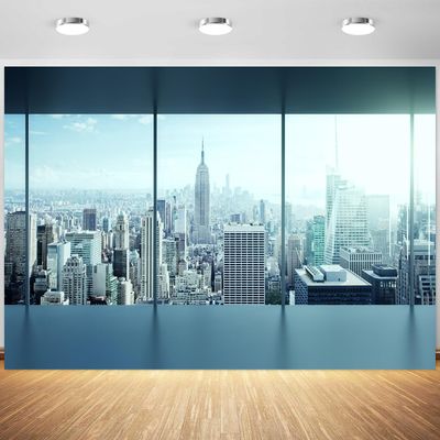 15x10ft Business Office Backdrop French Window City View Photography Background Modern Buildings New York Skyline Banner Landscape Decorations Supplies Photo Booth Props