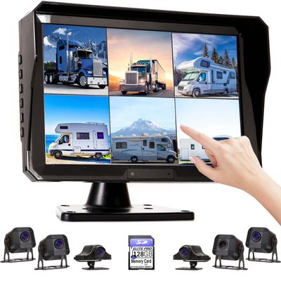 6 Split Touchable Screen 128GB 1080P Image 11 Inch Monitor Backup Camera Built-in DVR for RV Truck Trailer Rear Side Front Reversing View Wired Waterproof System, RY106