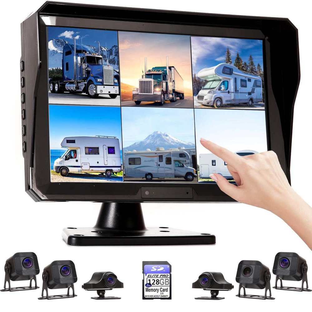 6 Split Touchable Screen 128GB 1080P Image 11 Inch Monitor Backup Camera Built-in DVR for RV Truck Trailer Rear Side Front Reversing View Wired Waterproof System, RY106