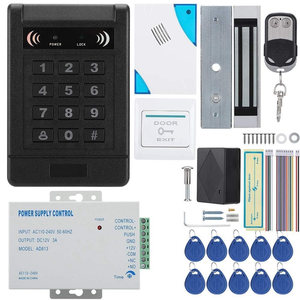 Door Access Control System Kit, Door Access Control Machine, Power, Magnetic Lock, Doorbell,Remove Control, 10 Keyfobs, Exit Button