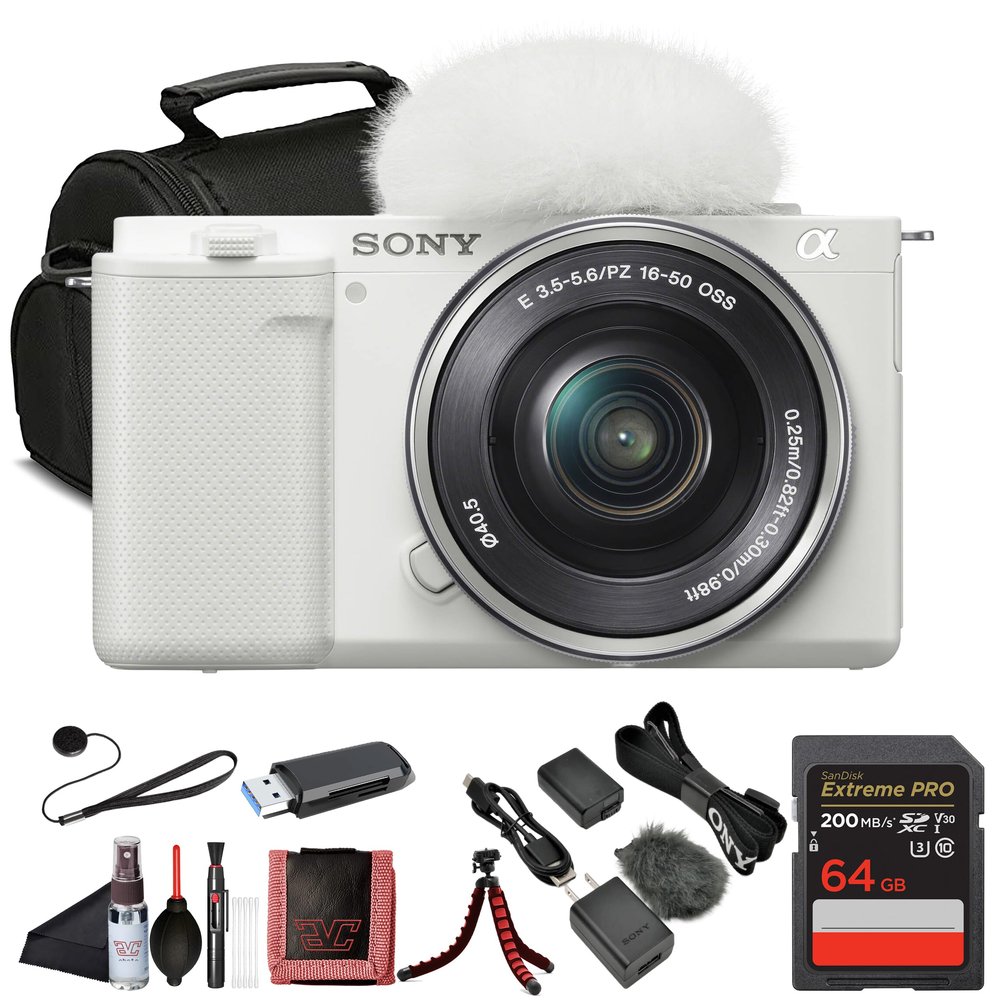 Sony ZV-E10 Vlogging Mirrorless Camera (White) with E PZ 1650mm Lens (ILCZV-E10L/W) | 24.2 MP APS-C Sensor | 4K Video with 64GB Card, Card Reader, Case, Flex Tripod, Cap Keeper and More