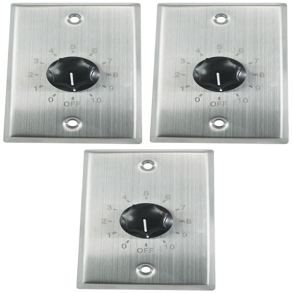 Rockville VOL70200 SS (3) 200-Watt 70V Stainless Steel Wall Volume Control Zone Controllers, Single Gang, Detachable Euro-Block Terminal Connectors, 3-Piece