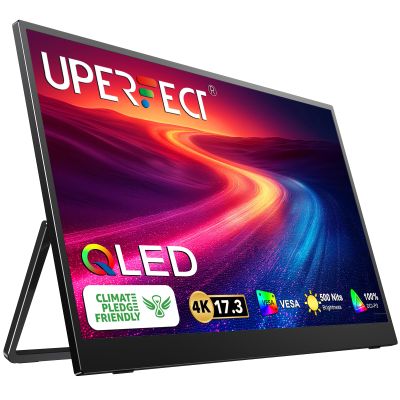 UPERFECT 17.3'' 4K Portable Monitor QLED, 500 Nits 100% DCI-P3 UHD FreeSync HDR 2 Speakers Eye Care Travel Monitor, 2 Fully Functional Type-C Port & HDMI for Laptop PC Phone, VESA & Stand