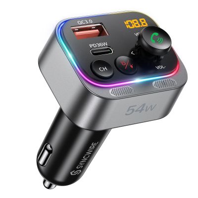 Syncwire Bluetooth 5.4 FM Transmitter Car Adapter 54W (PD 36W & 18W) [Stronger Dual Mics] [Light Switch] [HiFi Bass Sound] [Fast Charging] Wireless Radio Receiver Hands-Free Calling LED Display