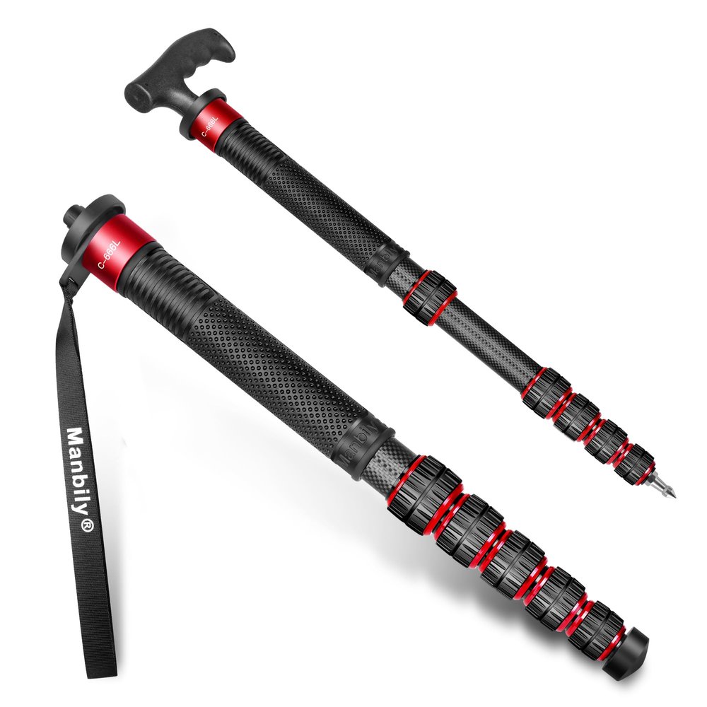 Manbily Camera Monopod, C-666L 32mm Tube Carbon Fiber Monopod with Walking Stick Handle, Portable Compact Lightweight for DSLR Cameras Canon Sony Nikon Travel