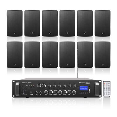 Sound Town Commercial Restaurant Bluetooth Amplifier + Surface-Mount Speaker Set, with One 6-Zone 70V/100V Amplifier with Bluetooth, 12 x 6.5-Inch Surface-Mount Speakers, Black (PAC360X12TV6B)