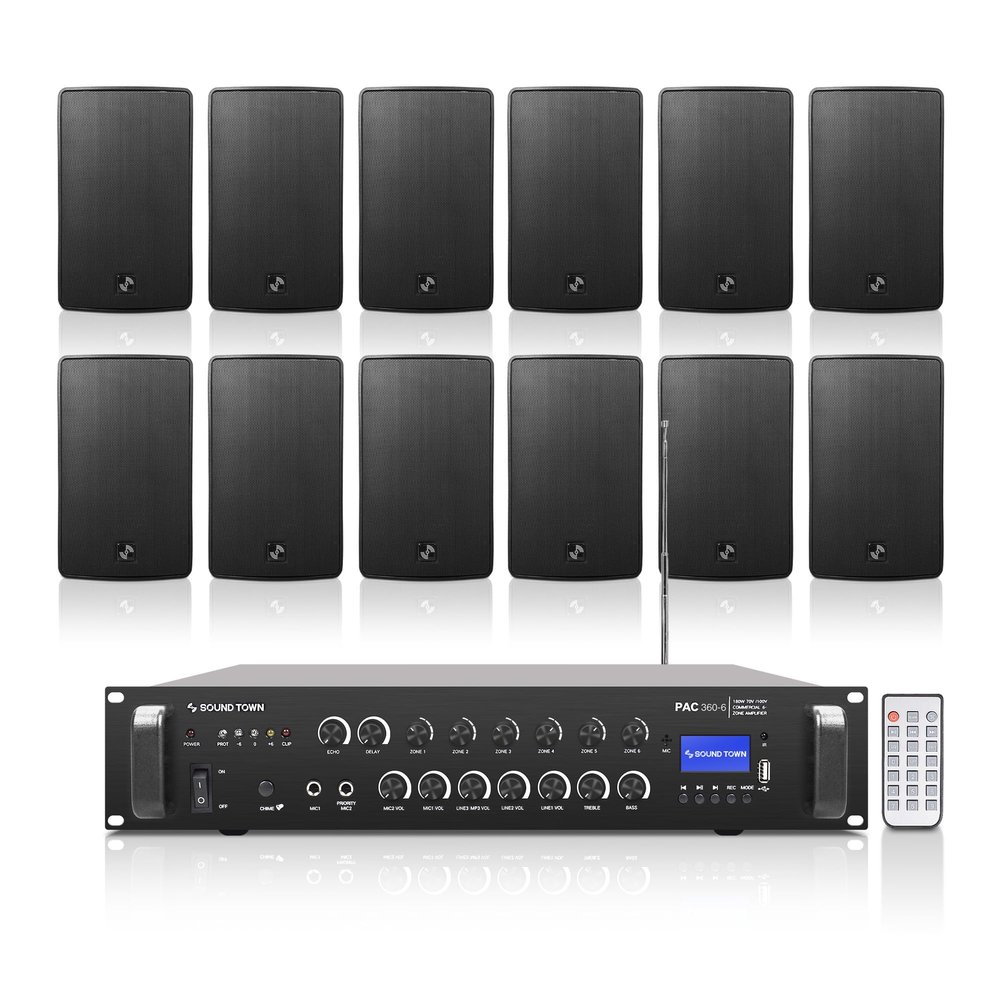 Sound Town Commercial Restaurant Bluetooth Amplifier + Surface-Mount Speaker Set, with One 6-Zone 70V/100V Amplifier with Bluetooth, 12 x 6.5-Inch Surface-Mount Speakers, Black (PAC360X12TV6B)