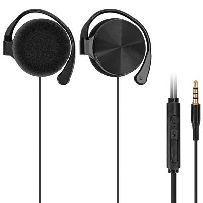 GEEKRIA Wired Clip On Ear Headphones, Portable Hook On Ear Headphones with Microphone and Call Controller Compatible with Android, Avoid Headphone Hair (Black)