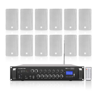 Sound Town Commercial Restaurant Bluetooth Amplifier + Surface-Mount Speaker Set, with One 6-Zone 70V/100V Amplifier with Bluetooth, 12 x 6.5-Inch Surface-Mount Speakers, White (PAC360X12TV6W)