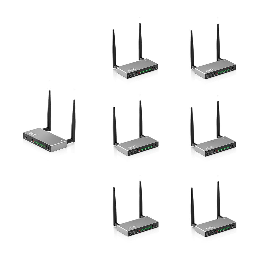 TIMBOOTECH Wireless HDMI Transmitter & 6 Receivers, Multiple TVs, 5.8G HDMI Wireless Extender, 1080P@60Hz, 820FT, KVM, IR Remote, HDMI Loop Out, Live Stream Video &Audio to Multiple Displays(1TX+6RX)