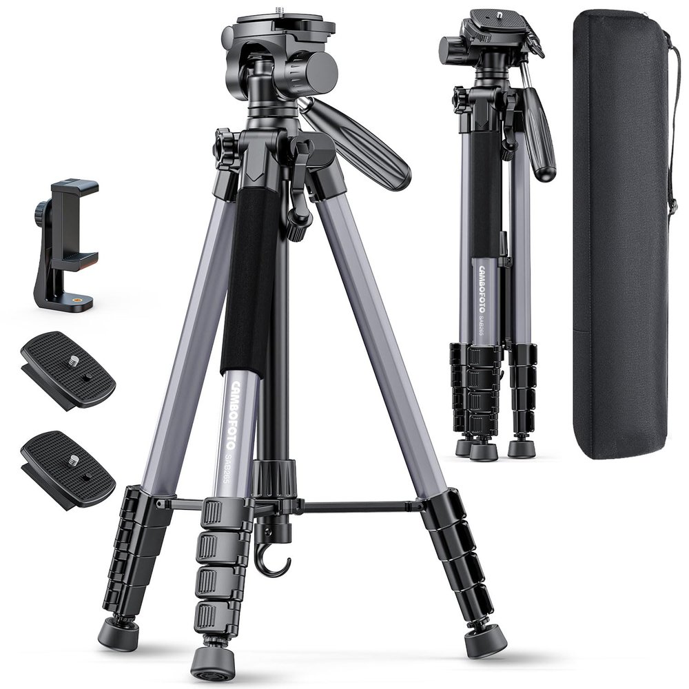 CAMBOFOTO 74 Aluminum Camera Tripod HeavyDuty Professional Tripod Stand for DSLR & Mirrorless Cameras, Smartphones & GoPro Lightweight Travel Tripod with 360 Pan Head & Phone Mount