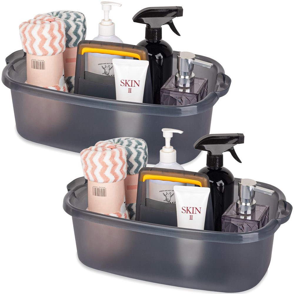 Large Cleaning Supplies Caddy Portable Shower Basket Supply Organizer with Handle Plastic Bucket Tool Storage for Bathroom, Bedroom, Kitchen, College Dorm, Garden, Clear Grey 2 Pack