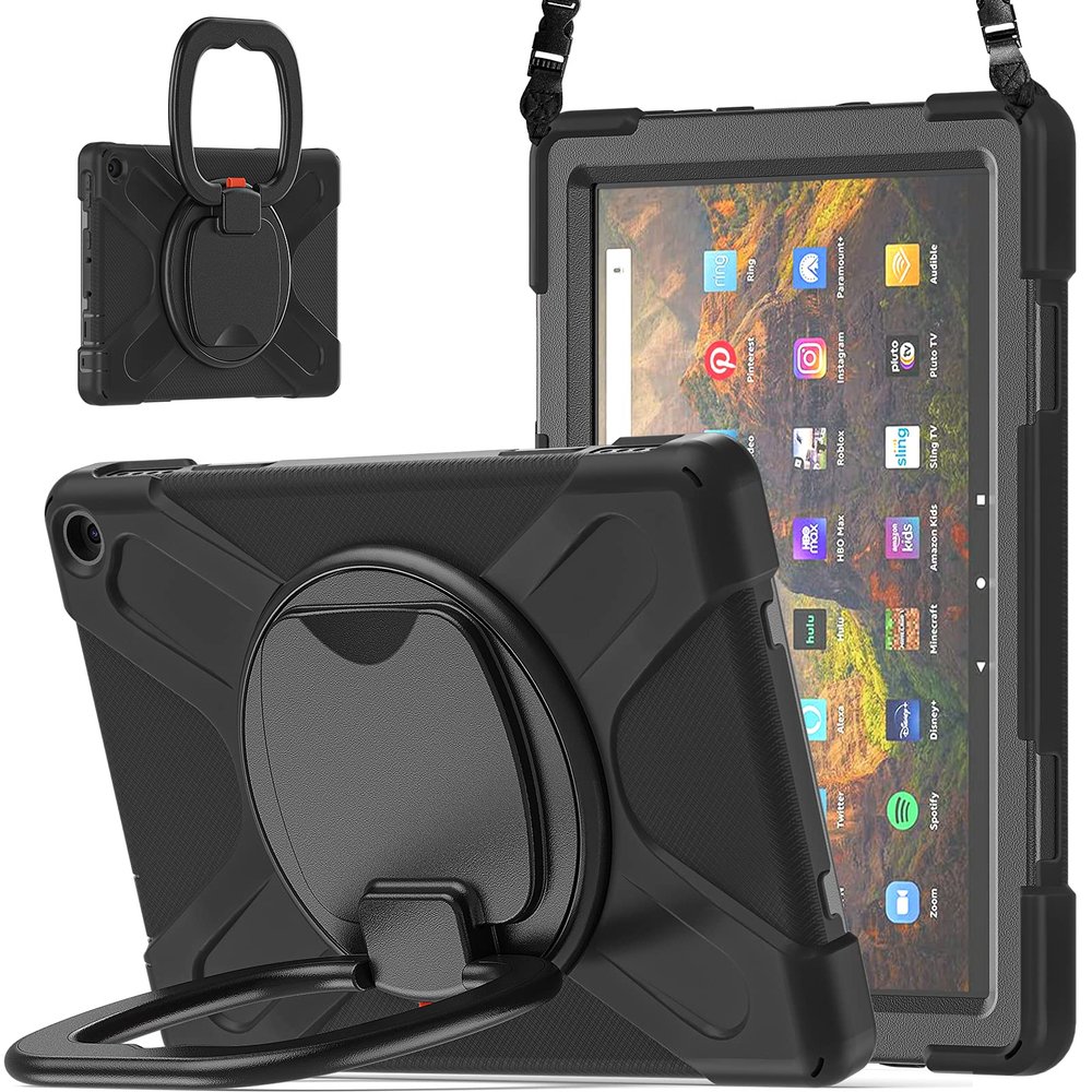 360  Rotation Portable Case for Fire HD 10 2023 10.1 inch Tablet, Rugged Case Rotating Stand Hand Strap Shoulder Carrying Strap Outdoor Cover,Black