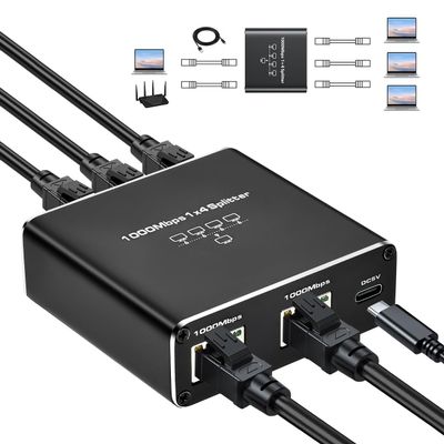 QINGLER Upgrade Ethernet Splitter 1 to 4 High Speed 1000Mbps RJ45 Internet LAN Splitter [4 Devices Simultaneous Networking] with USB Power Cable for Cat5/5e/6/7/8 Cable