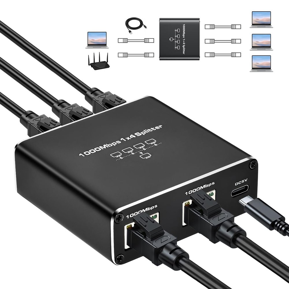 QINGLER Upgrade Ethernet Splitter 1 to 4 High Speed 1000Mbps RJ45 Internet LAN Splitter [4 Devices Simultaneous Networking] with USB Power Cable for Cat5/5e/6/7/8 Cable