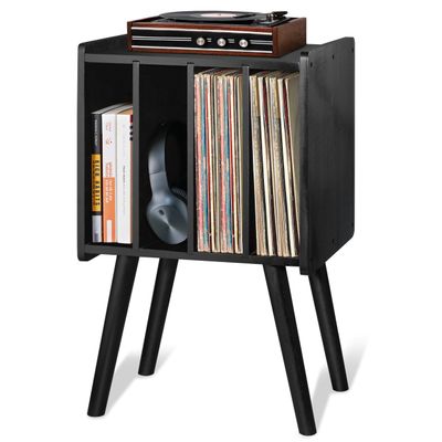 2BHOME Wooden LP Record Player Stand with 4 Cabinets, Holds up to 100 Vinyls, Metal Record Storage Holder and Organizer Table, Classical Design for Files/Book (Mid-Century Modern)