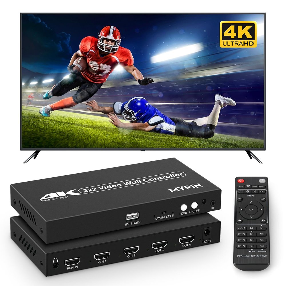 2x2 HDMI 4K Video Wall Controller with Media Player Function,4K@30HZ TV Wall Processor, 8 Display Modes 1x1 1x2 1x3 1x4 2x2 2x1 3x1 4x1 with Remote Control, 180Rotate,with for 4x1-1 HDMI Input/Output