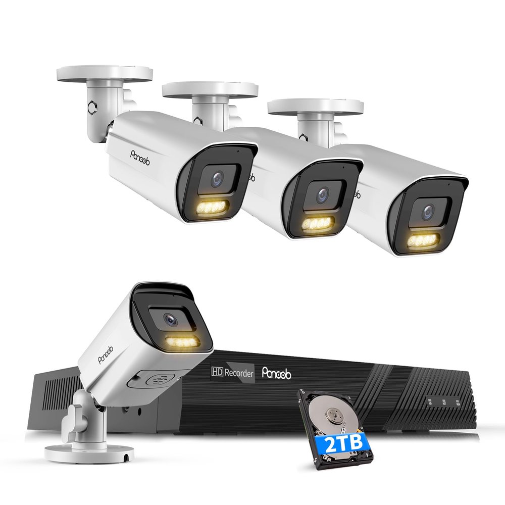 PANOOB 4K Security Camera System 8 Channel, 4X 8MP Wired Security IP Bullet Camera wih AI Human Vehicle Detection, 2-Way Audio, Spotlight Smart Color Night Vision, 4K 8CH NVR 2TB HDD, PB65A0408-8MD