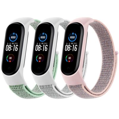 Amzpas Nylon Bands for Xiaomi Mi Band 5 / Mi Band 6, 3 Pack Soft Cloth Watch Straps Adjustable Breathable Replacement Wristbands for Women Men, Pink Sand/Mint Green/Seashell