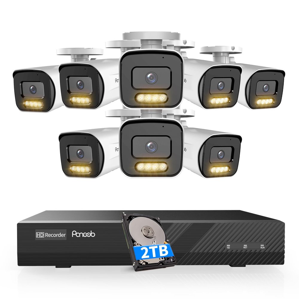 PANOOB 8 Channel Security Camera System, 8PCS 5MP IP Bullet PoE Camera with 2 Way Audio, Smart Dual Lights Color Night Vision, AI Human Detection, Remote Access, 4K 8CH NVR 2TB HDD, PB65A0808-5MD
