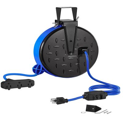 WILAWELS 30 Ft Retractable Extension Cord Reel, 16/3 Gauge SJTW Power Cord with 3 Electrical Outlets Pigtail for Garage and Shop, 10 Amp Circuit Breaker, Metal Plate, UL Listed, Blue U30CR06