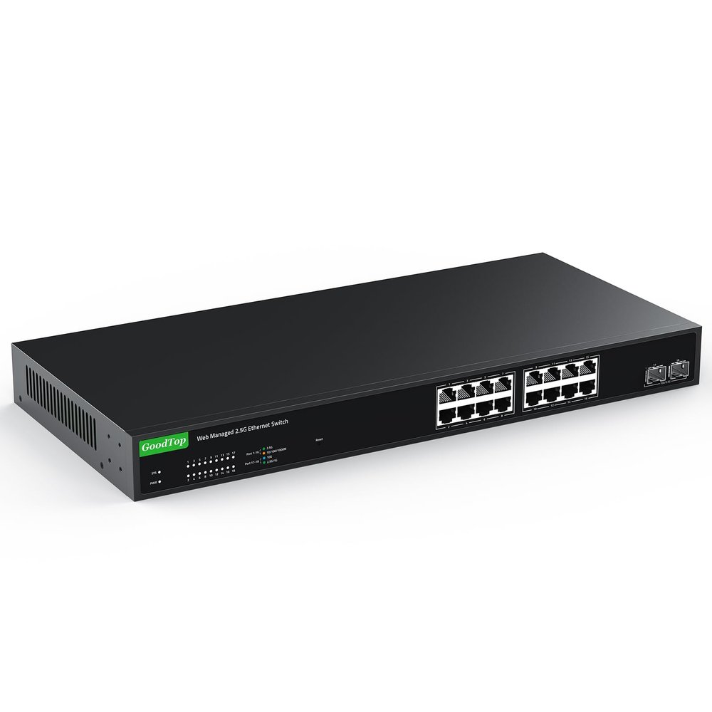 GoodTop 16 Port 2.5Gb Smart Managed Switch,16 x 2.5GbE Ports,2 x 10G SFP+,Easy Web Managed with Link Aggregation/VLAN/QOS/DHCP Client, Metal Fanless Home Lab Network Switch,1U Rack Mounted