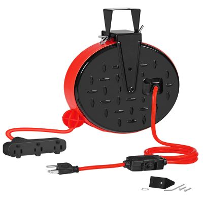 WILAWELS 30 Ft Retractable Extension Cord Reel, 16/3 Gauge SJTW Power Cord with 3 Electrical Outlets Pigtail for Garage and Shop, 10 Amp Circuit Breaker, Metal Plate, UL Listed, Red R30CR06