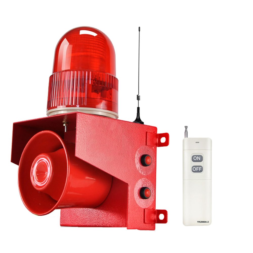 EOKHEOY Remote Control Alarm Siren 1.24Mile Outdoor Waterproof Industrial Emergency Siren with Strobe Light Adjustable Volume Tone 120dB Horn 25Watts AC110-120V