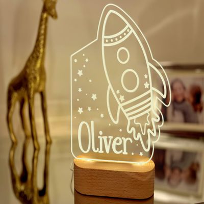 Space Rocket Custom Name Night Light Personalized Bedroom LED Cloud Decor Stars Light up Daughter Son gift Boy Gift Baptism Gift Moon Night Light Lamp