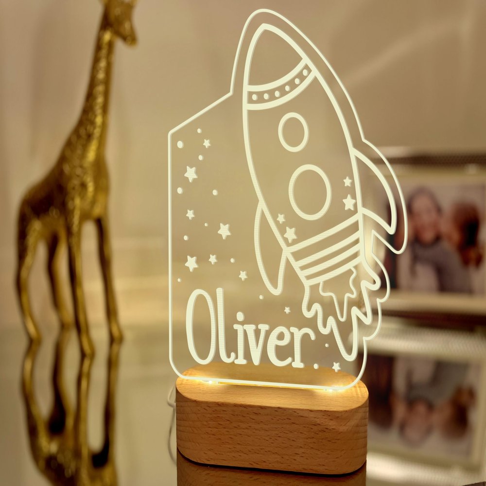 Space Rocket Custom Name Night Light Personalized Bedroom LED Cloud Decor Stars Light up Daughter Son gift Boy Gift Baptism Gift Moon Night Light Lamp