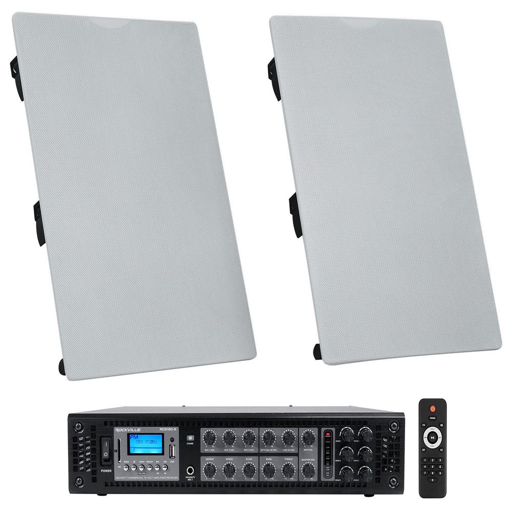 Rockville WA6570 Bundle: (2) 6.5 in 70V in-Wall Speakers, 40/20/10/5 Watt taps, RCS180-6 180-Watt 6-Zone Bluetooth Amplifier, for Restaurants Bars Cafes, 3-Items