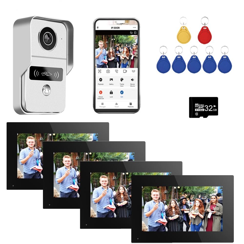 Wired Video Doorbell Apartment Intercom with 7 inch Touch Monitor System,1080P Doorphone Door Camera,TUYA WiFi Smart Home Video Intercom Door Phone Kits for Home Villa (1 doorbell+4 Monitor)