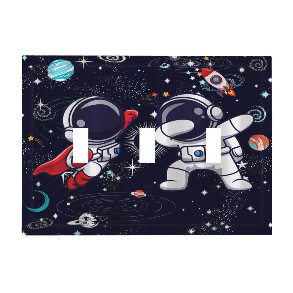 Tewujay Decorative Light Switch Covers 3 Toggle Cartoon Cute Astronauts Galaxy Planets Triple Toggle Wall Plate Decorative Switchplate Electrical Faceplate for Farmhouse Home Decor