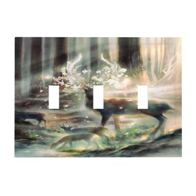 Tewujay Decorative Light Switch Covers 3 Toggle Mist Fairy Forest Deers Triple Toggle Wall Plate Decorative Switchplate Electrical Faceplate for Farmhouse Living Room Decor