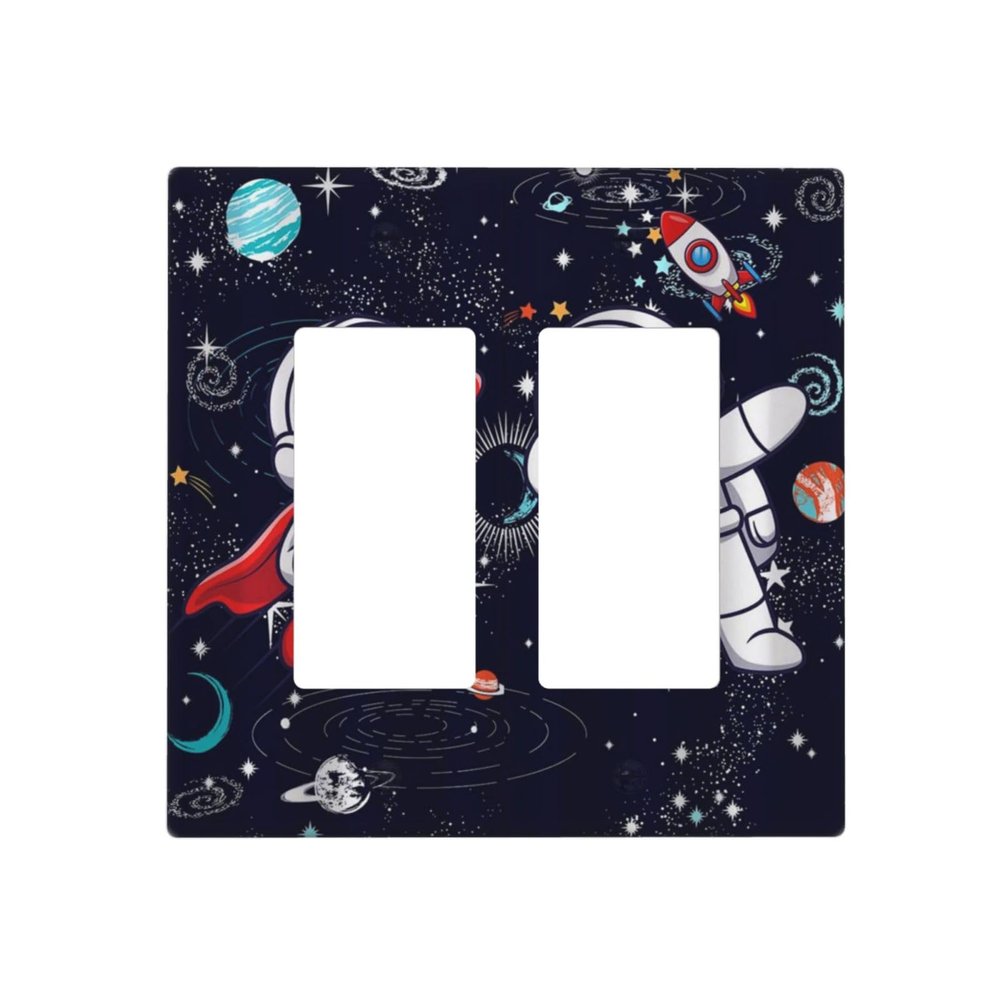 Tewujay Decorative Covers Wall Plate Cartoon Cute Astronauts Galaxy Planets 2 Gang Rocker Decora Switchplate Electrical Faceplate Gfci Light Switch Covers for Farmhouse Home Decor
