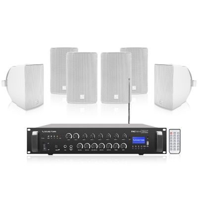 Sound Town Commercial Restaurant Bluetooth Amplifier + Surface-Mount Speaker Set, with One 6-Zone 70V/100V Amplifier with Bluetooth, 6 x 6.5-Inch Surface-Mount Speakers, White (PAC180X6TV6W)