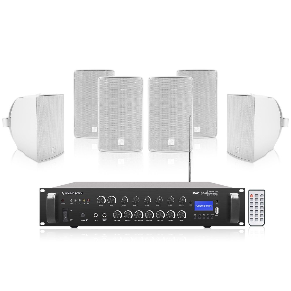 Sound Town Commercial Restaurant Bluetooth Amplifier + Surface-Mount Speaker Set, with One 6-Zone 70V/100V Amplifier with Bluetooth, 6 x 6.5-Inch Surface-Mount Speakers, White (PAC180X6TV6W)