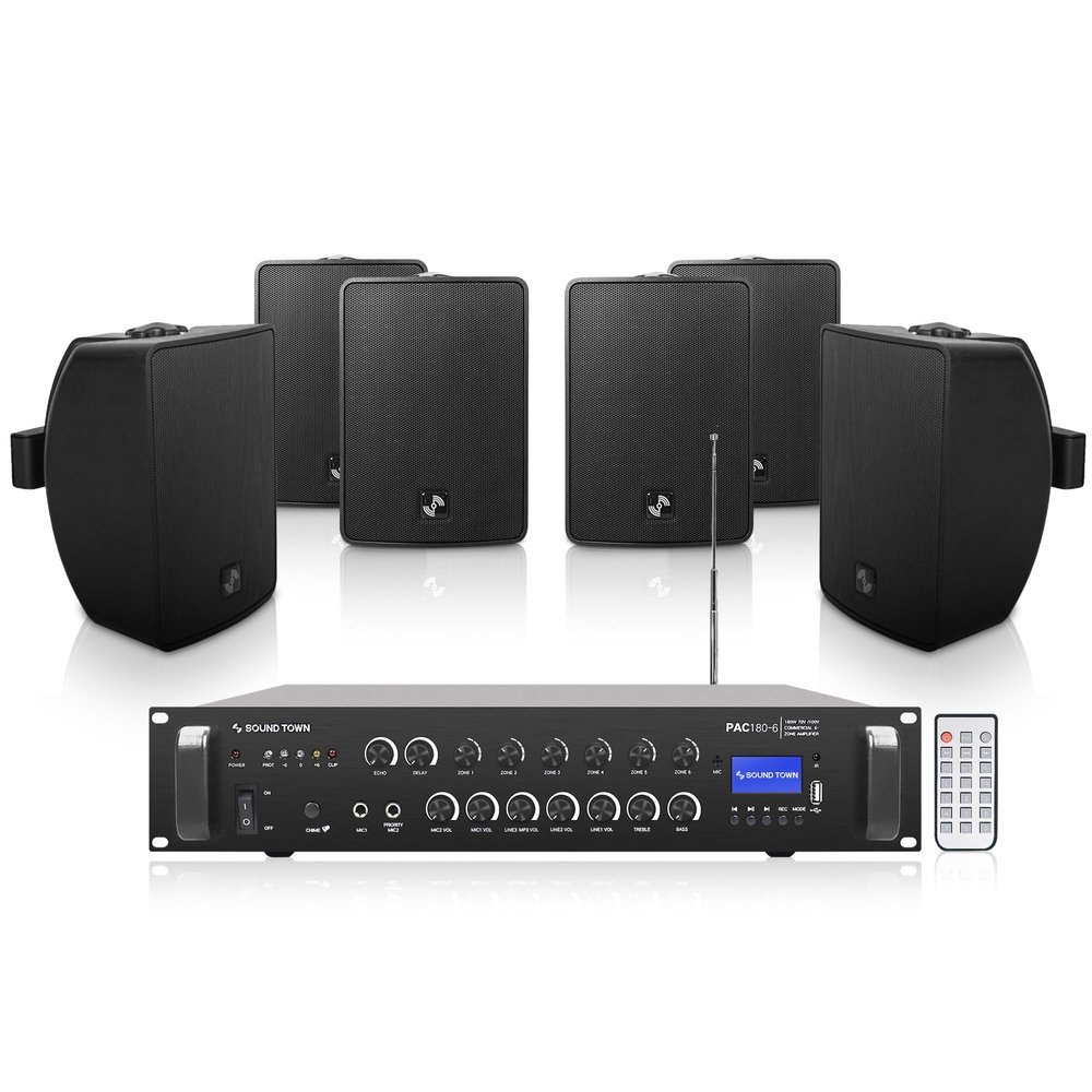 Sound Town Commercial Restaurant Bluetooth Amplifier + Surface-Mount Speaker Set, with One 6-Zone 70V/100V Amplifier with Bluetooth, 6 x 4.5-Inch Surface-Mount Speakers, Black (PAC180X6TV4B)