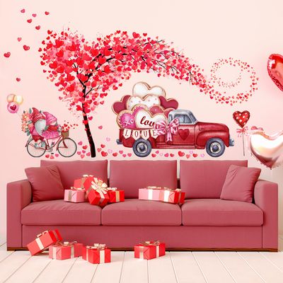 2 Large Sheets Valentine's Day Wall Decor Stickers Pink Red Heart Tree Wall Decals for Home Bedroom Wall Decoration Red Truck Gnome Wall Stickers Valentines Wedding Anniversary Room Romantic Decor