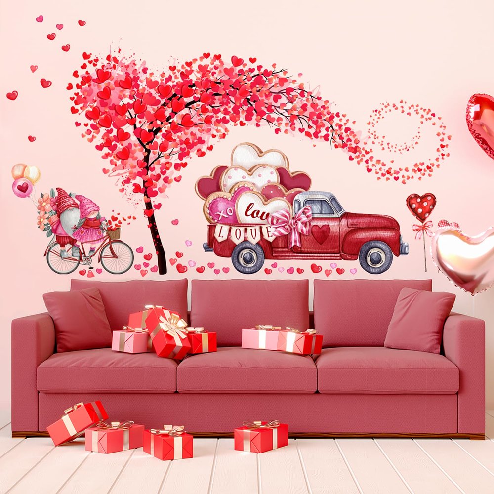 2 Large Sheets Valentine's Day Wall Decor Stickers Pink Red Heart Tree Wall Decals for Home Bedroom Wall Decoration Red Truck Gnome Wall Stickers Valentines Wedding Anniversary Room Romantic Decor
