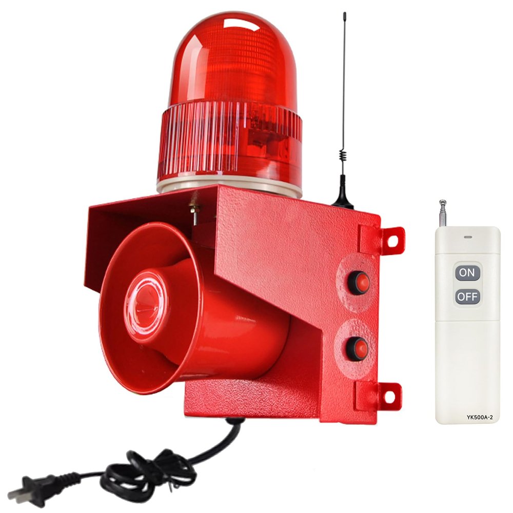 EOKHEOY Wireless Remote Control Alarm Siren 0.31Mile Outdoor Waterproof Industrial Emergency Siren with Strobe Light Adjustable Volume Tone 120dB Horn with Plug AC110V-120V