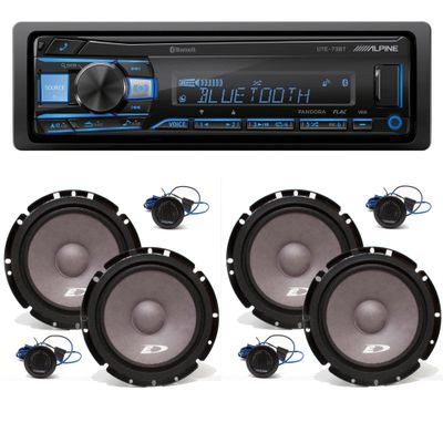 Alpine UTE-73BT Single-DIN Bluetooth Receiver & A Pair of Midwoofer & Tweeter SXE-1751S 6.5" Component Speaker Bundle  Complete Car Audio System